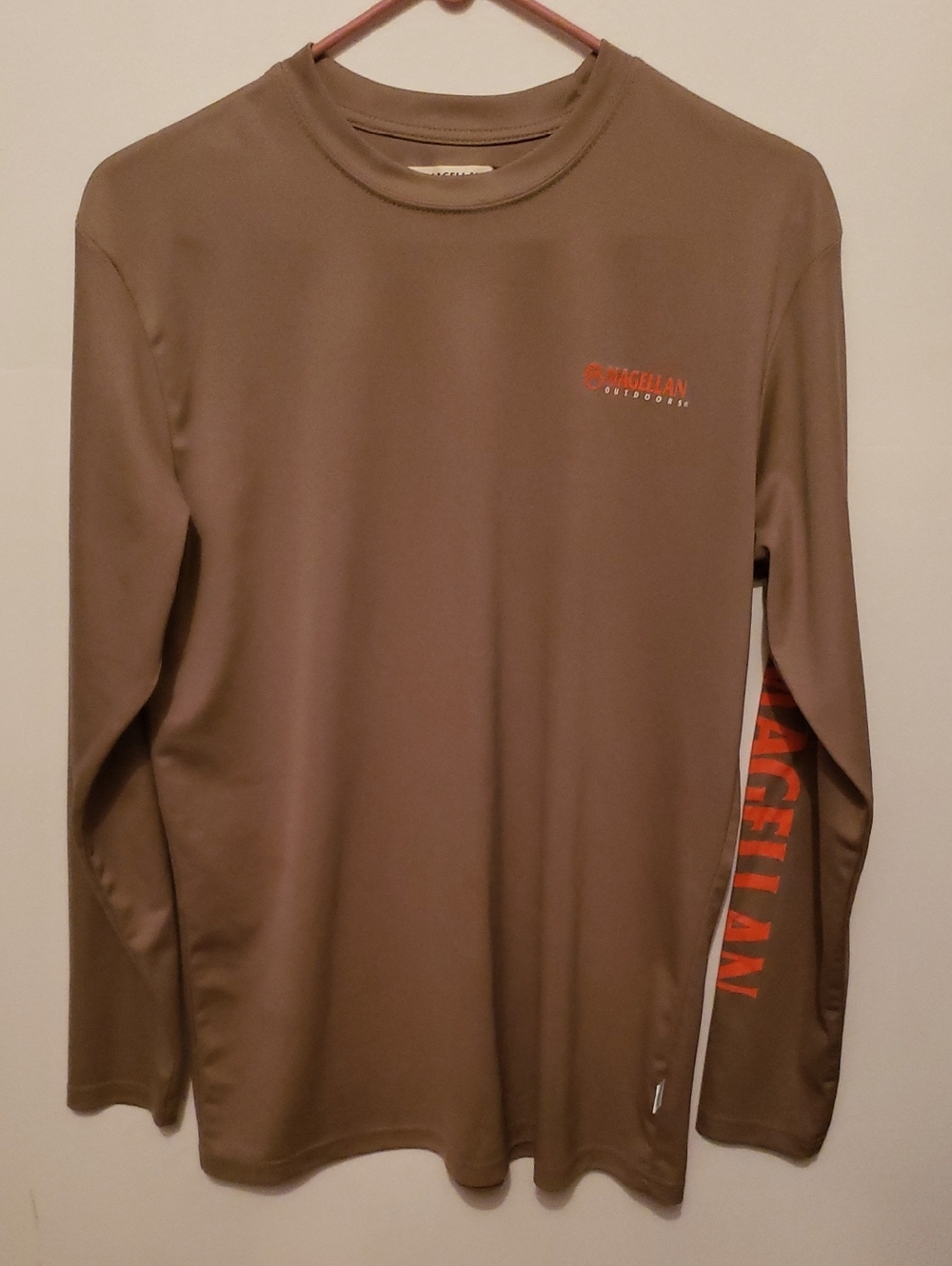 Magellan Outdoors Long-Sleeve Performance Tee in Brown with Orange Accents